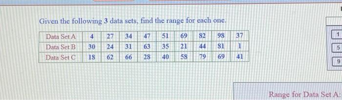 Solved Given the following 3 data sets, find the range for | Chegg.com
