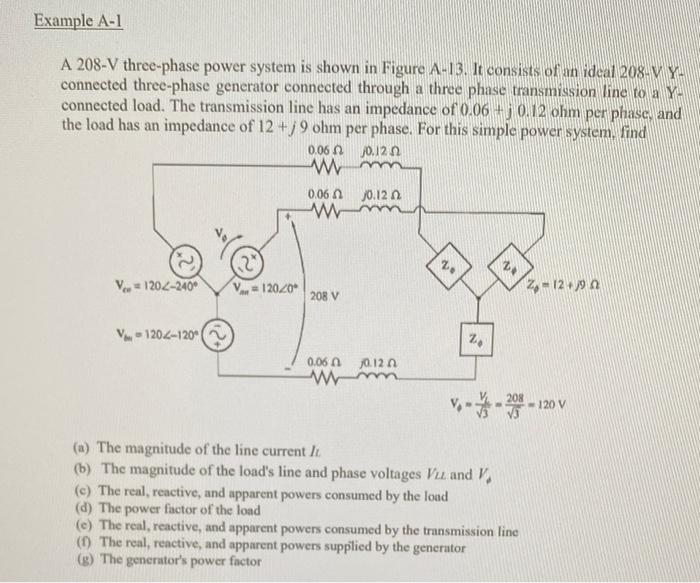 Solved Example A-1 A 208-V three-phase power system is shown | Chegg.com