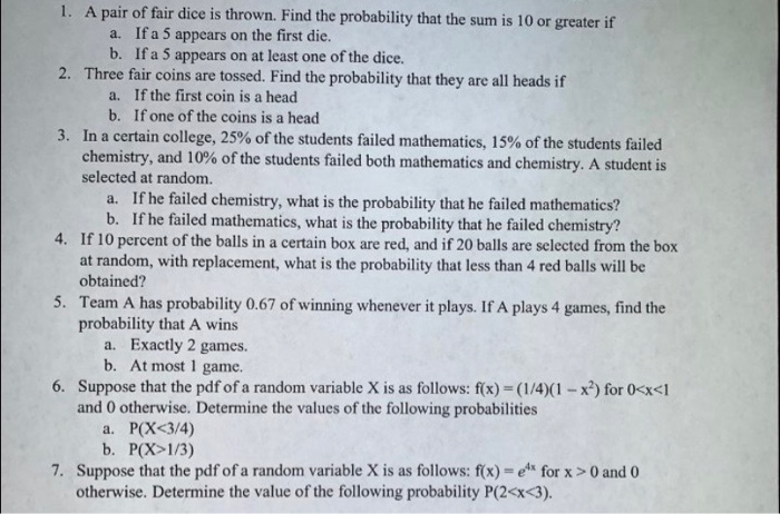 Solved 1. A Pair Of Fair Dice Is Thrown. Find The | Chegg.com