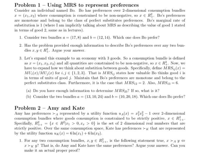 Solved Problem 1 - Using MRS to represent preferences | Chegg.com