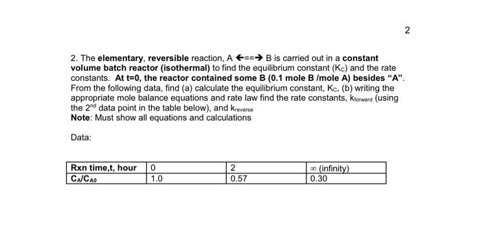 Solved 2 2. The Elementary, Reversible Reaction, A==→ B Is | Chegg.com