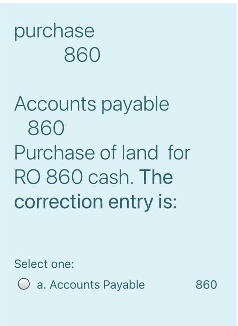 Solved purchase 860 Accounts payable 860 Purchase of land | Chegg.com