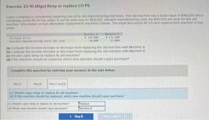 Solved Exercise 23-10 (Algo) Keep or replace LO P5 Lopez | Chegg.com