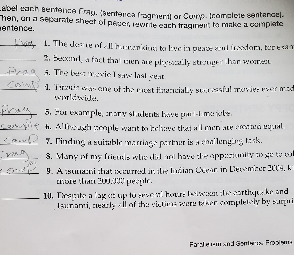 Solved abel each sentence Frag. (sentence fragment) or | Chegg.com