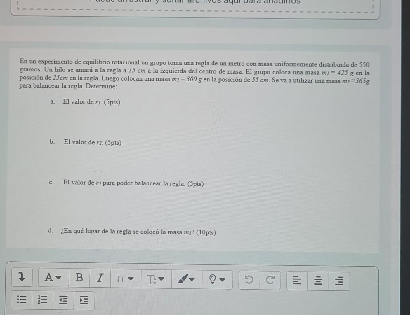 En un experimento de equilibrio rotacional un grupo toma una regla de un metro con masa uniformemente distribuida de 550 gram