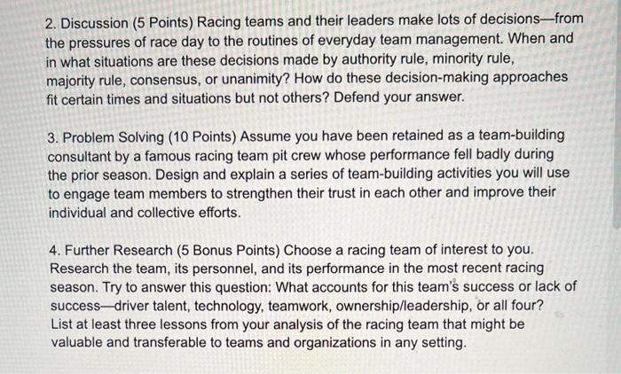 Solved 2. Discussion (5 Points) Racing teams and their | Chegg.com