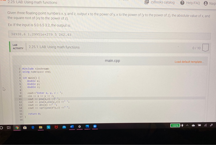 Solved 225 Lab Using Math Functions Zybooks Catalog He 5128