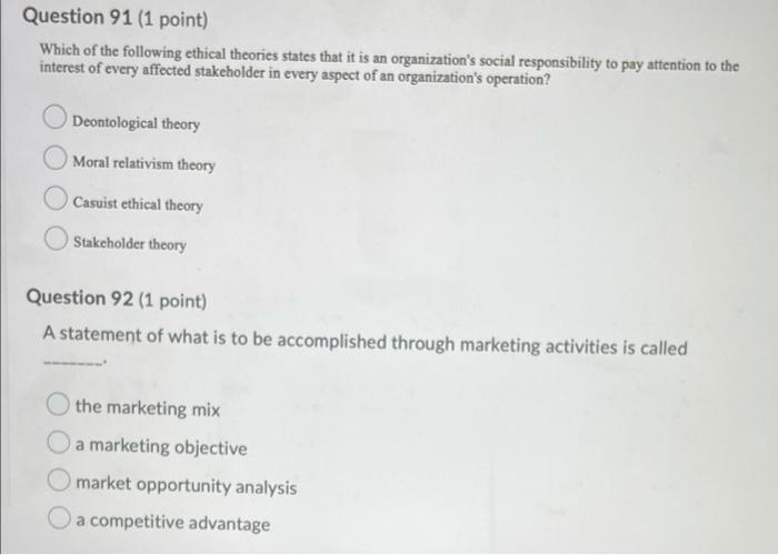 Solved Question 91 (1 point) Which of the following ethical | Chegg.com