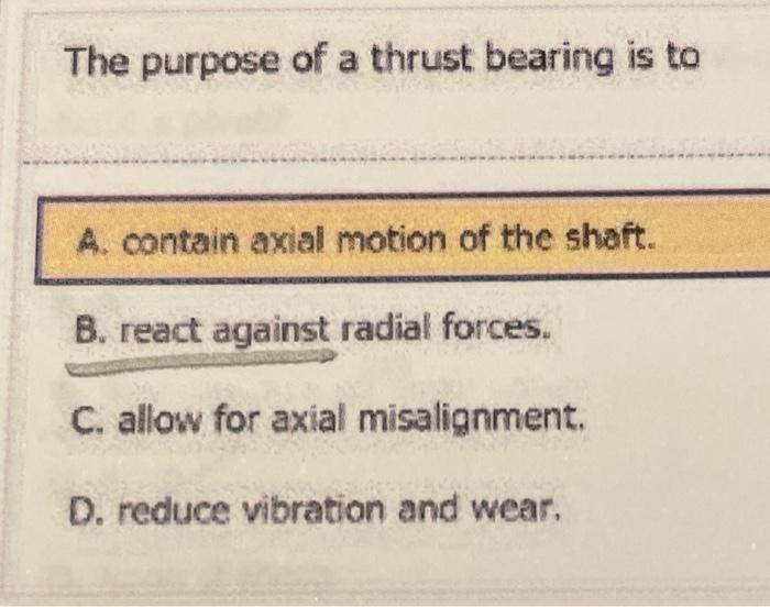 Solved The purpose of a thrust bearing is to A contain axial