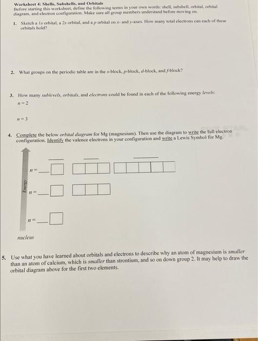 Solved Worksheet 4 Shells, Subshells, and Orbitals Before
