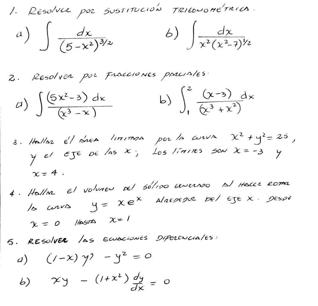 1. Resolver por sustitución trigonométrica. a) \( \int \frac{d x}{\left(5-x^{2}\right)^{3 / 2}} \) b) \( \int \frac{d x}{x^{2