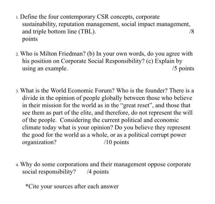 Solved 1. Define the four contemporary CSR concepts, | Chegg.com