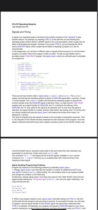 CS 410 Operating Systems Lab Assignment Signals and | Chegg.com