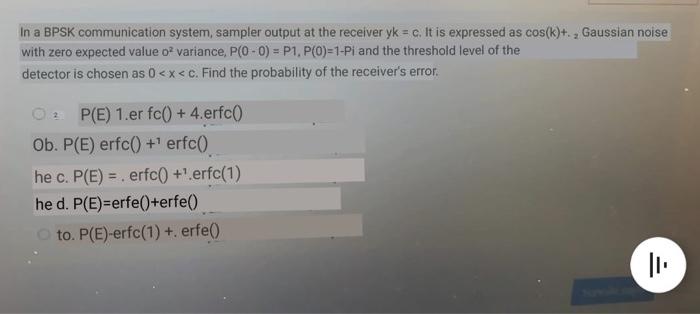 Solved In a BPSK communication system, sampler output at the | Chegg.com