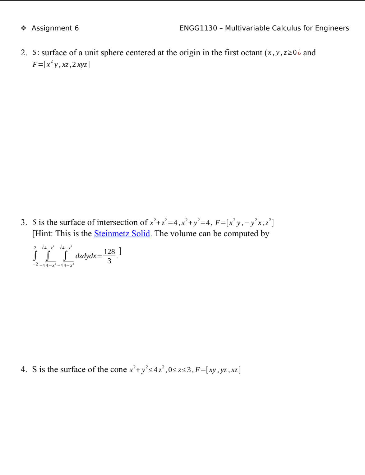 Solved Assignment 6ENGG1130 - ﻿Multivariable Calculus For | Chegg.com