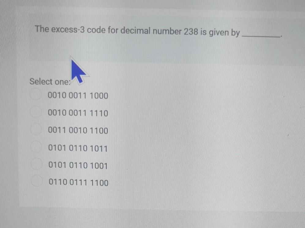 Solved The excess-3 code for decimal number 238 is given by | Chegg.com
