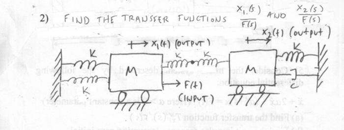 2) FIND THE TRANSFER FUUCTIONS \( \frac{x_{1}(s)}{F(s)} \) AND \( \frac{x_{2}(s)}{F(s)} \)