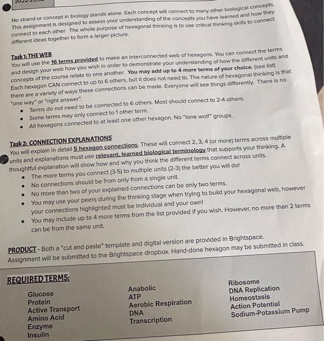 Solved No strand or concept in biology stands alone. Each