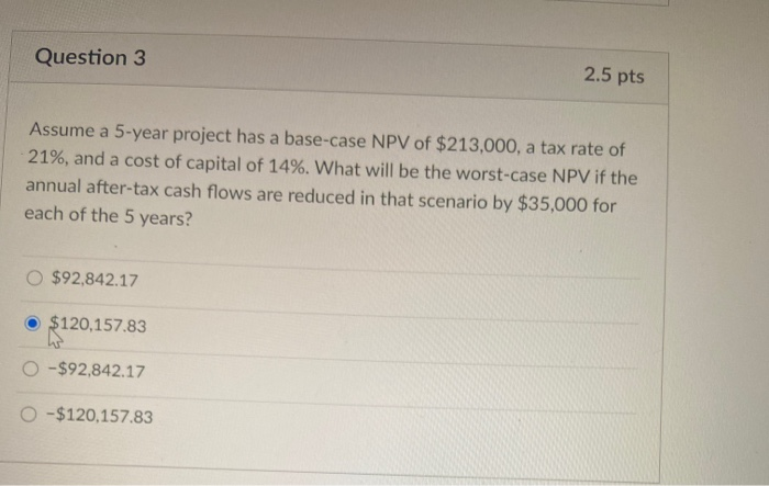 Solved Question 3 2.5 pts Assume a 5-year project has a | Chegg.com