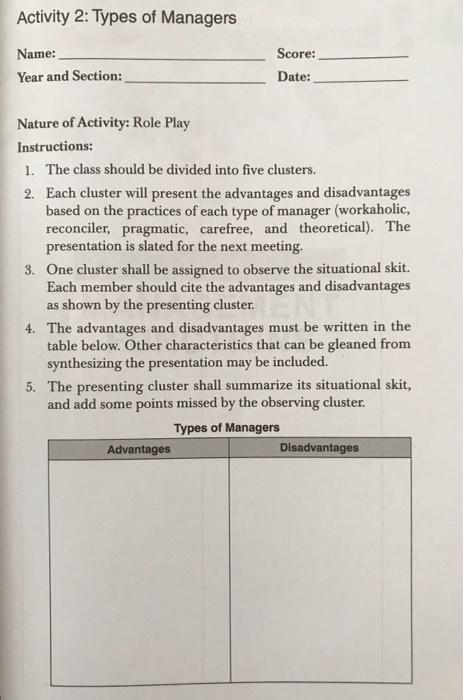 Solved Activity 2: Types of Managers Name: Year and Section: | Chegg.com