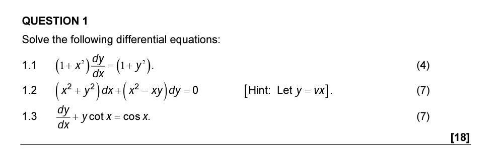 Solved 1.1 QUESTION 1 Solve the following differential | Chegg.com