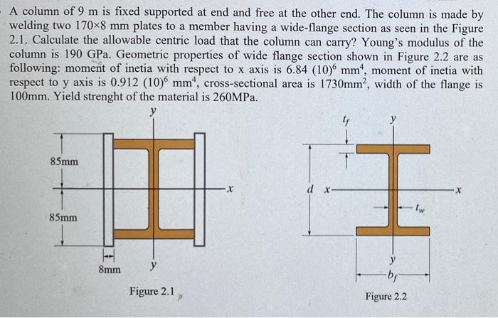 Solved - A column of 9 m is fixed supported at end and free | Chegg.com