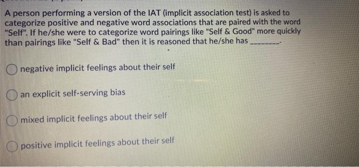 Solved A person performing a version of the IAT (implicit | Chegg.com