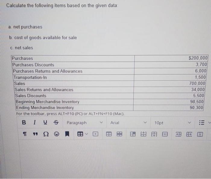 Solved Calculate The Following Items Based On The Given | Chegg.com