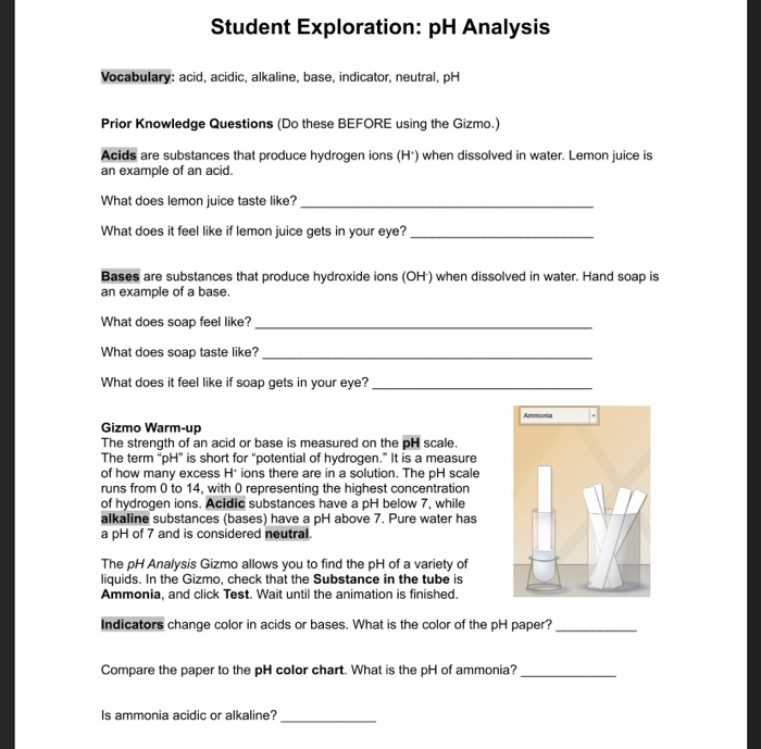 Solved Student Exploration pH Analysis Vocabulary acid,