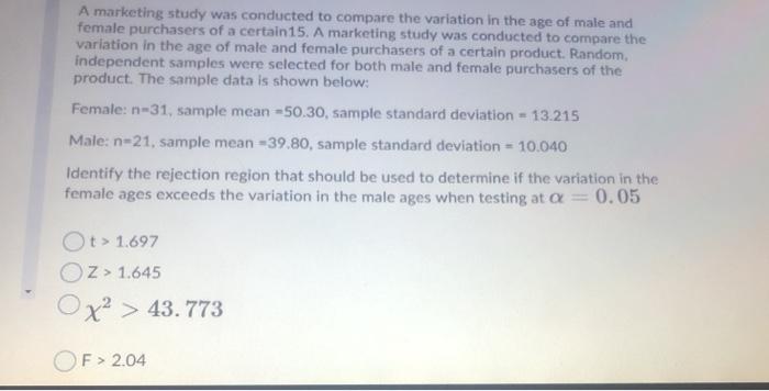 Solved A marketing study was conducted to compare the | Chegg.com