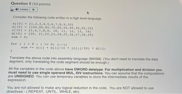Solved Question 5 (10 points) Do Listen Consider the | Chegg.com