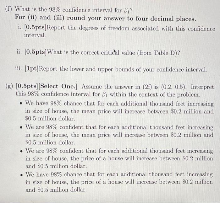 Solved (f) What is the 98% confidence interval for 3₁? For | Chegg.com