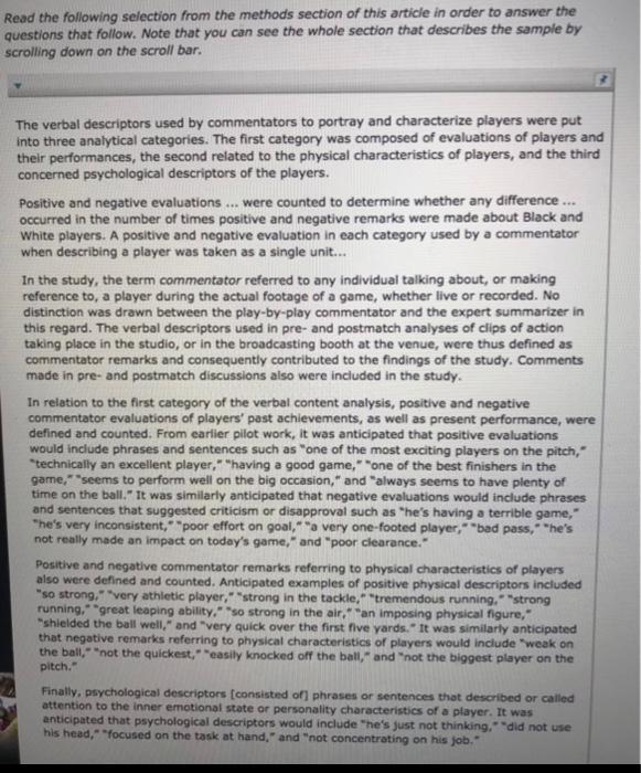 Solved Read the following selection from the methods section | Chegg.com