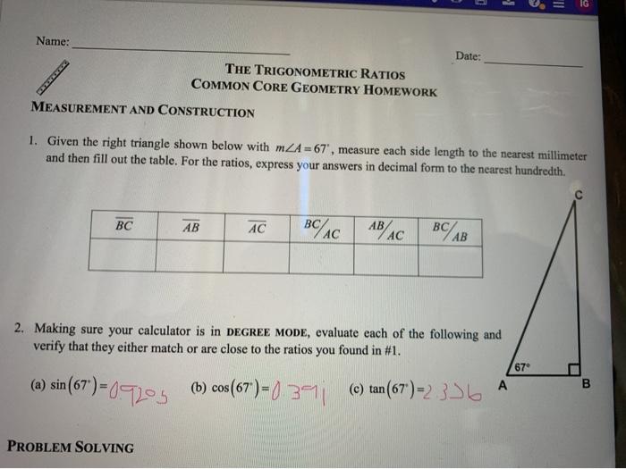 the trigonometric ratios common core geometry homework