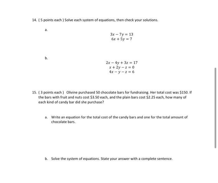 Solved 14. (5 points each ) Solve each system of equations, | Chegg.com