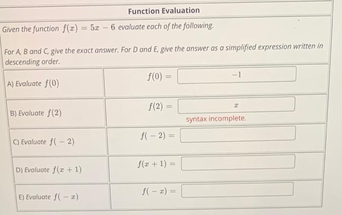 Solved Function Evaluation Given the function f(x) = 5x - 6 | Chegg.com