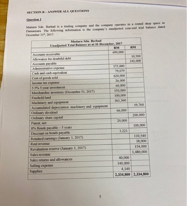 Solved SECTION B - ANSWER ALL QUESTIONS Question 1 Mutiara | Chegg.com