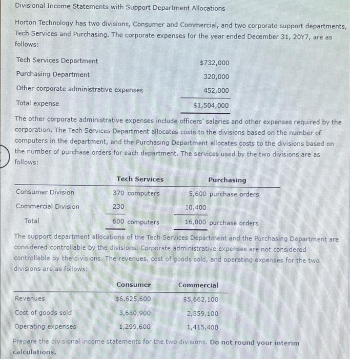 Solved Divisional Income Statements with Support Department | Chegg.com