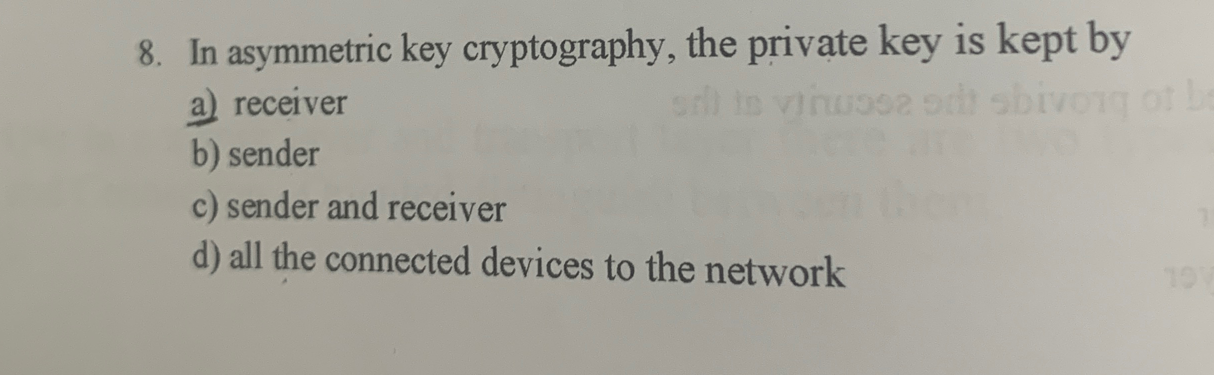 Solved In asymmetric key cryptography, the private key is | Chegg.com