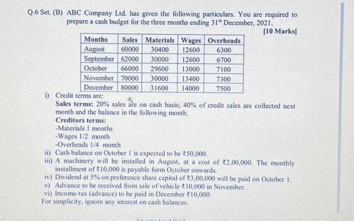 Solved Q.6 Set. (B) ABC Company Ltd. Has Given The Following | Chegg.com