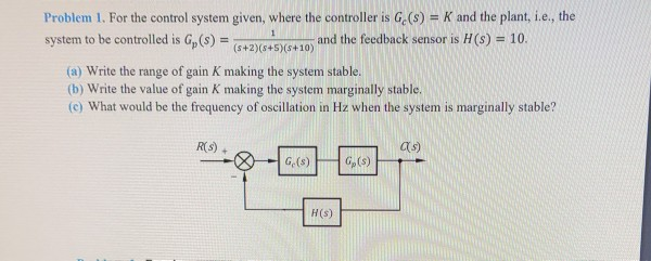 Solved Problem 1. For the control system given, where the | Chegg.com