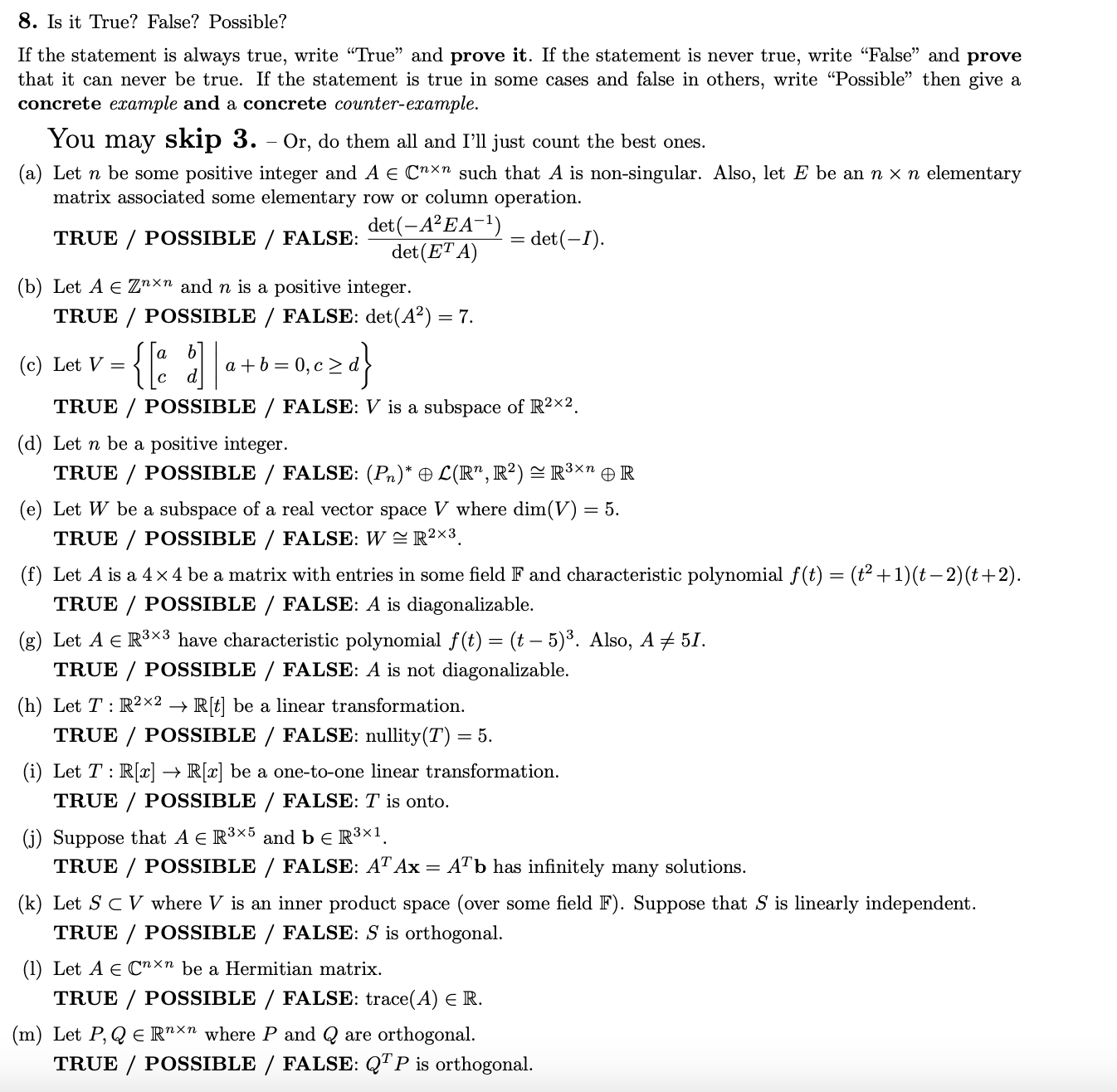 Solved Is it ﻿True? False? Possible?If ﻿the statement is | Chegg.com