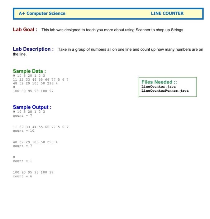 Solved A+ Computer Science LINE COUNTER Lab Goal : This lab | Chegg.com
