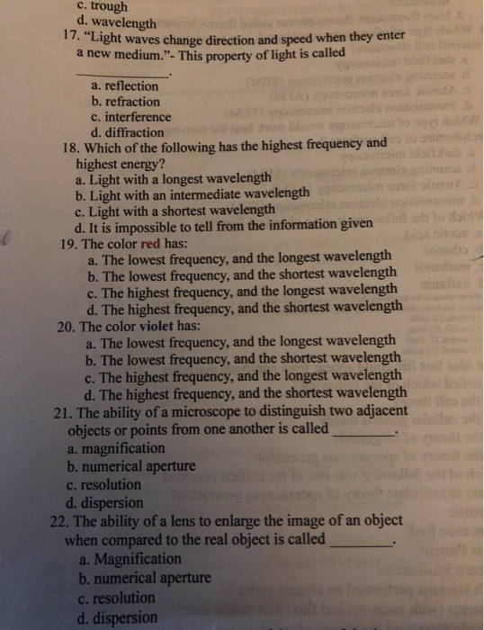 Solved c. trough d. wavelength 17. "Light waves change | Chegg.com