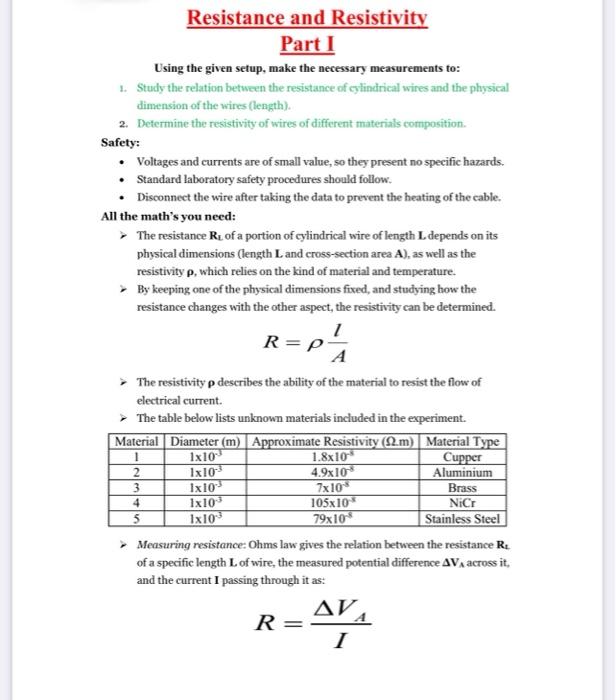 Resistance And Resistivity Part I Using The Given | Chegg.com