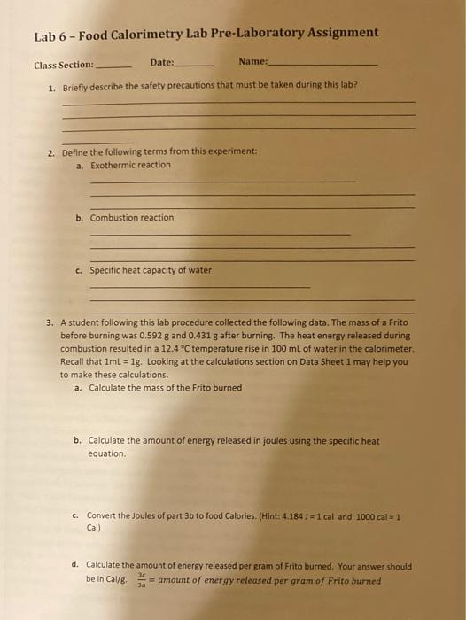 Solved Lab 6 Food Calorimetry Lab PreLaboratory