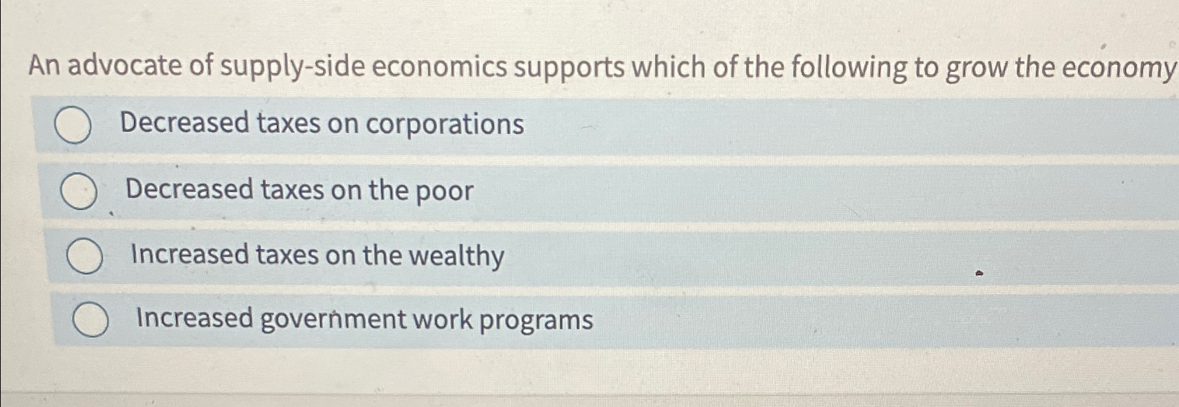 Solved An advocate of supply-side economics supports which | Chegg.com