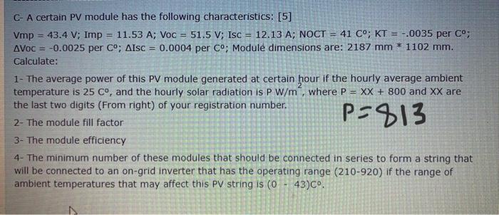Solved = 11.53 A; Voc C-A certain PV module has the | Chegg.com