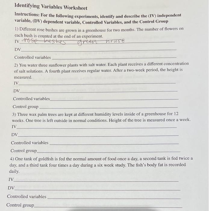 Solved Identifying Variables Worksheet Instructions For The Chegg