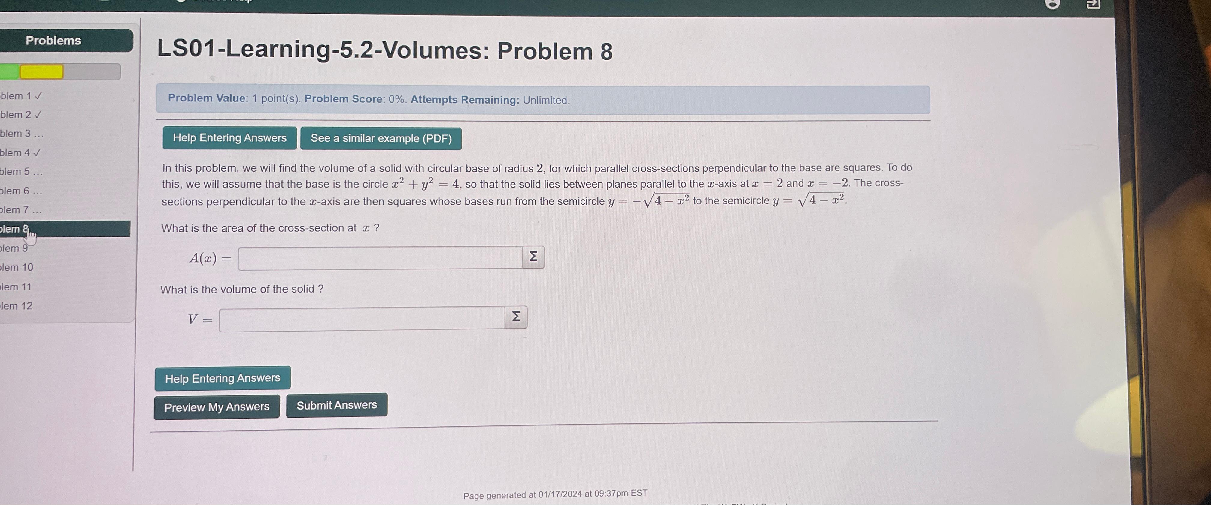 Solved ProblemsLS01-Learning-5.2-Volumes: Problem 8Problem | Chegg.com